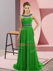 Scoop Sleeveless Brush Train Zipper Dress for Prom Green Chiffon