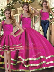 Fuchsia Three Pieces Ruffled Layers Quinceanera Dresses Lace Up Tulle Sleeveless Floor Length