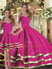 Fuchsia Three Pieces Ruffled Layers Quinceanera Dresses Lace Up Tulle Sleeveless Floor Length