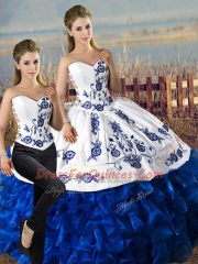 Sumptuous Sleeveless Floor Length Embroidery and Ruffles Lace Up 15th Birthday Dress with Blue And White