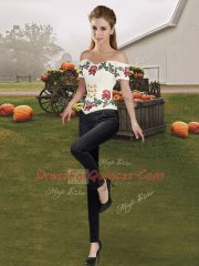 Glittering White And Red Sweet 16 Dress Military Ball and Sweet 16 and Quinceanera with Embroidery and Ruffles Off The Shoulder Sleeveless Lace Up