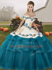Fine Teal Lace Up Off The Shoulder Embroidery and Ruffled Layers Ball Gown Prom Dress Tulle Sleeveless Brush Train