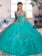 Free and Easy Lace Up Ball Gown Prom Dress Aqua Blue for Sweet 16 and Quinceanera with Beading and Ruffles Brush Train