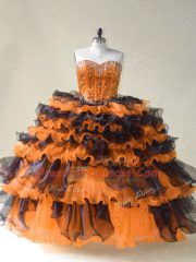 Great Sleeveless Floor Length Beading Lace Up Sweet 16 Dresses with Orange