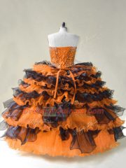 Great Sleeveless Floor Length Beading Lace Up Sweet 16 Dresses with Orange