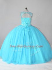 Aqua Blue 15th Birthday Dress Sweet 16 and Quinceanera with Beading Scoop Sleeveless Lace Up