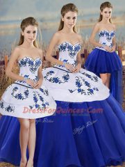 Royal Blue Ball Gowns Sweetheart Sleeveless Tulle Floor Length Lace Up Embroidery and Bowknot Quince Ball Gowns