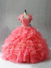 Strapless Sleeveless Organza and Tulle Quince Ball Gowns Beading Lace Up