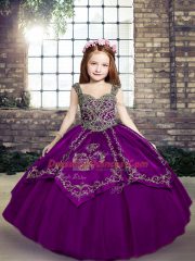 Luxurious Straps Sleeveless Lace Up Little Girl Pageant Dress Eggplant Purple and Purple Tulle