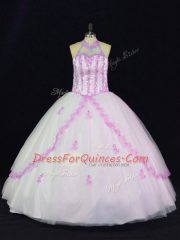 Ideal White Lace Up Halter Top Appliques Sweet 16 Quinceanera Dress Tulle Sleeveless