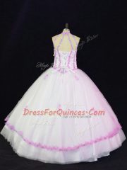 Ideal White Lace Up Halter Top Appliques Sweet 16 Quinceanera Dress Tulle Sleeveless