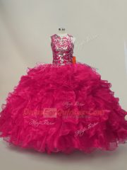 Hot Pink Sleeveless Ruffles and Sequins Floor Length Quince Ball Gowns