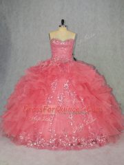 Latest Floor Length Watermelon Red Quinceanera Dresses Organza Sleeveless Beading and Ruffles