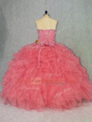 Latest Floor Length Watermelon Red Quinceanera Dresses Organza Sleeveless Beading and Ruffles