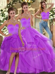 Dazzling Lilac Ball Gowns Sweetheart Sleeveless Tulle Floor Length Lace Up Beading and Ruffles Sweet 16 Quinceanera Dress