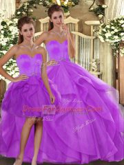 Dazzling Lilac Ball Gowns Sweetheart Sleeveless Tulle Floor Length Lace Up Beading and Ruffles Sweet 16 Quinceanera Dress