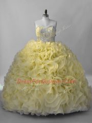 Sweetheart Sleeveless Lace Up Quince Ball Gowns Yellow Fabric With Rolling Flowers