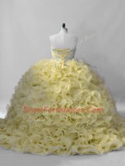 Sweetheart Sleeveless Lace Up Quince Ball Gowns Yellow Fabric With Rolling Flowers