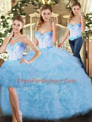 Flirting Floor Length Lace Up Sweet 16 Dress Blue for Sweet 16 and Quinceanera with Beading and Ruffles
