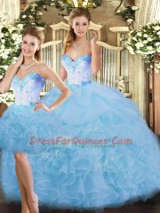 Flirting Floor Length Lace Up Sweet 16 Dress Blue for Sweet 16 and Quinceanera with Beading and Ruffles