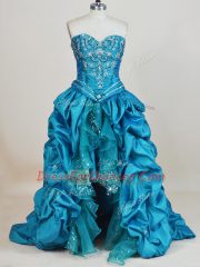 Sleeveless Lace Up High Low Beading and Pick Ups Prom Dress