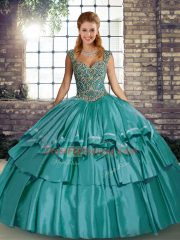 Teal Sleeveless Floor Length Beading and Ruffled Layers Lace Up Quinceanera Gowns