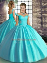 Luxury Aqua Blue Off The Shoulder Lace Up Beading Quinceanera Dress Sleeveless