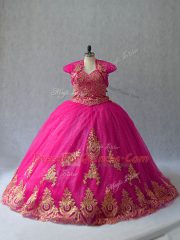 Flare Sweetheart Sleeveless Court Train Lace Up Quinceanera Dress Hot Pink Tulle