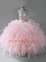 Pink Tulle Lace Up Halter Top Sleeveless Floor Length Sweet 16 Dresses Beading and Ruffles
