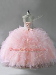 Pink Tulle Lace Up Halter Top Sleeveless Floor Length Sweet 16 Dresses Beading and Ruffles