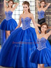 Fantastic Blue Quinceanera Gown Military Ball and Sweet 16 and Quinceanera with Beading Sweetheart Sleeveless Brush Train Lace Up