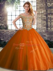 Off The Shoulder Sleeveless Brush Train Lace Up Quince Ball Gowns Orange Red Tulle