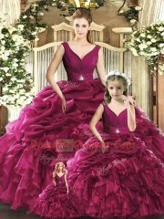 Eye-catching Ball Gowns Ball Gown Prom Dress Burgundy V-neck Organza Sleeveless Floor Length Backless