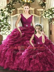 Eye-catching Ball Gowns Ball Gown Prom Dress Burgundy V-neck Organza Sleeveless Floor Length Backless