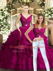 Noble Fuchsia V-neck Backless Beading and Ruffles Quinceanera Dress Sleeveless