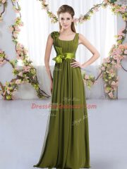 Empire Quinceanera Court Dresses Olive Green Straps Chiffon Sleeveless Floor Length Zipper