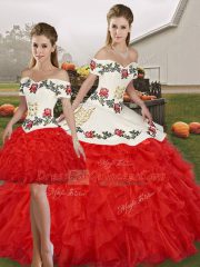 Excellent White And Red Lace Up Off The Shoulder Embroidery and Ruffles Quinceanera Dresses Organza Sleeveless