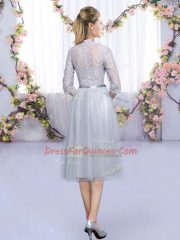Tea Length Zipper Vestidos de Damas Grey for Wedding Party with Lace and Belt