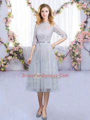 Tea Length Zipper Vestidos de Damas Grey for Wedding Party with Lace and Belt