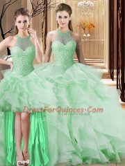 Fashionable Apple Green Sweet 16 Dresses Organza Brush Train Sleeveless Beading and Ruffles