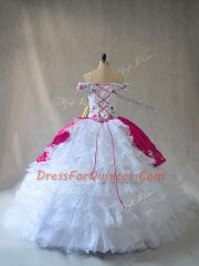Flirting Pink And White Ball Gowns Off The Shoulder Sleeveless Organza Floor Length Lace Up Embroidery and Ruffles 15th Birthday Dress