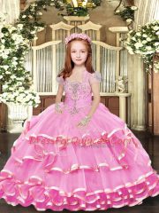 Lilac Ball Gowns Beading and Ruffled Layers Little Girl Pageant Gowns Lace Up Organza Sleeveless Floor Length