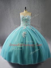 Designer Organza Halter Top Sleeveless Lace Up Appliques Quinceanera Dresses in Blue