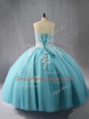 Designer Organza Halter Top Sleeveless Lace Up Appliques Quinceanera Dresses in Blue