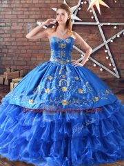 Ball Gowns Ball Gown Prom Dress Blue Satin and Organza Sleeveless Floor Length