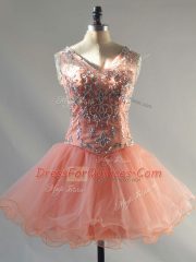 Colorful V-neck Sleeveless Tulle Prom Gown Beading Lace Up