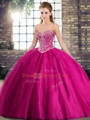 Clearance Fuchsia Ball Gowns Beading Sweet 16 Dress Lace Up Tulle Sleeveless