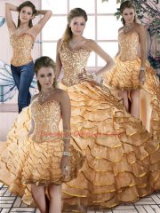 Customized Organza Sleeveless Vestidos de Quinceanera Brush Train and Beading and Ruffled Layers