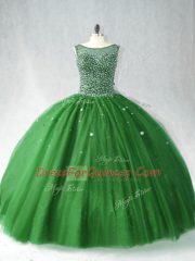 Tulle Scoop Sleeveless Brush Train Zipper Beading Quinceanera Gown in Dark Green