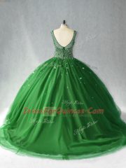 Tulle Scoop Sleeveless Brush Train Zipper Beading Quinceanera Gown in Dark Green